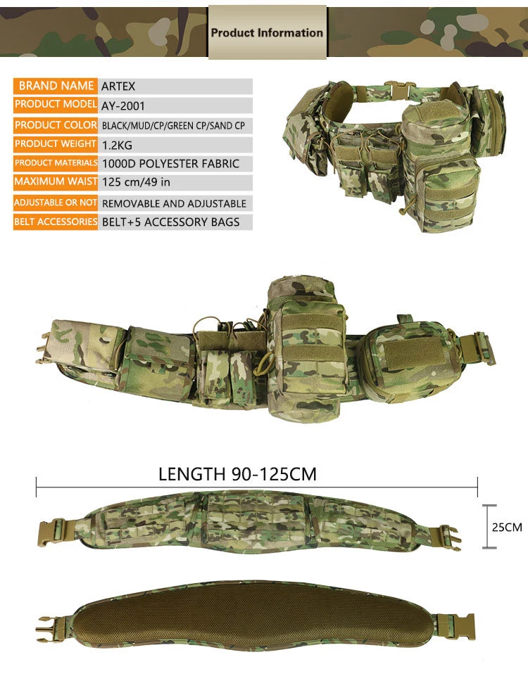 Factory Direct Supply Tactical Duty Waist Belt Molle Camo Gun Utility Battle Belt Padded Tactical Combat Belt